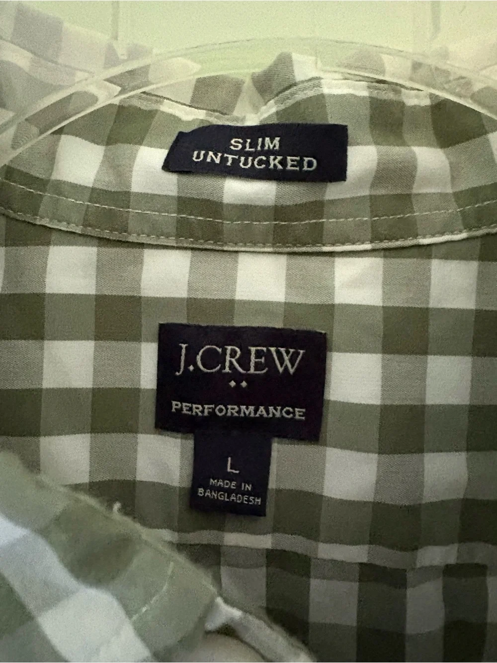 J. Crew Untucked Slim Fit Performance Men’s Green Check Button-Down Shirt, Large